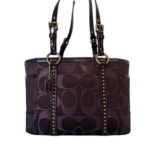 Coach Gallery Metallic Studded Tote Hand Bag Brown Bronze Signature Jacquard EUC
